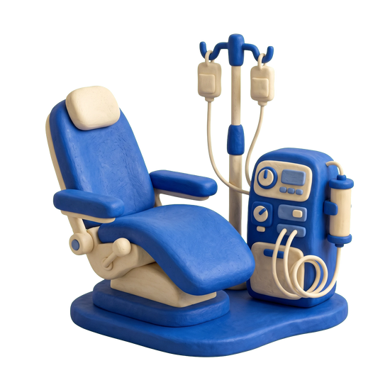 Dialysis center illustration in blue and ivory clay