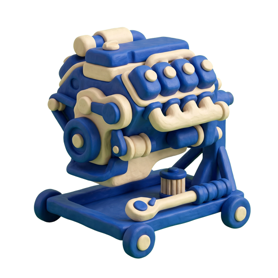 Diesel engine repair service illustration in blue and ivory clay