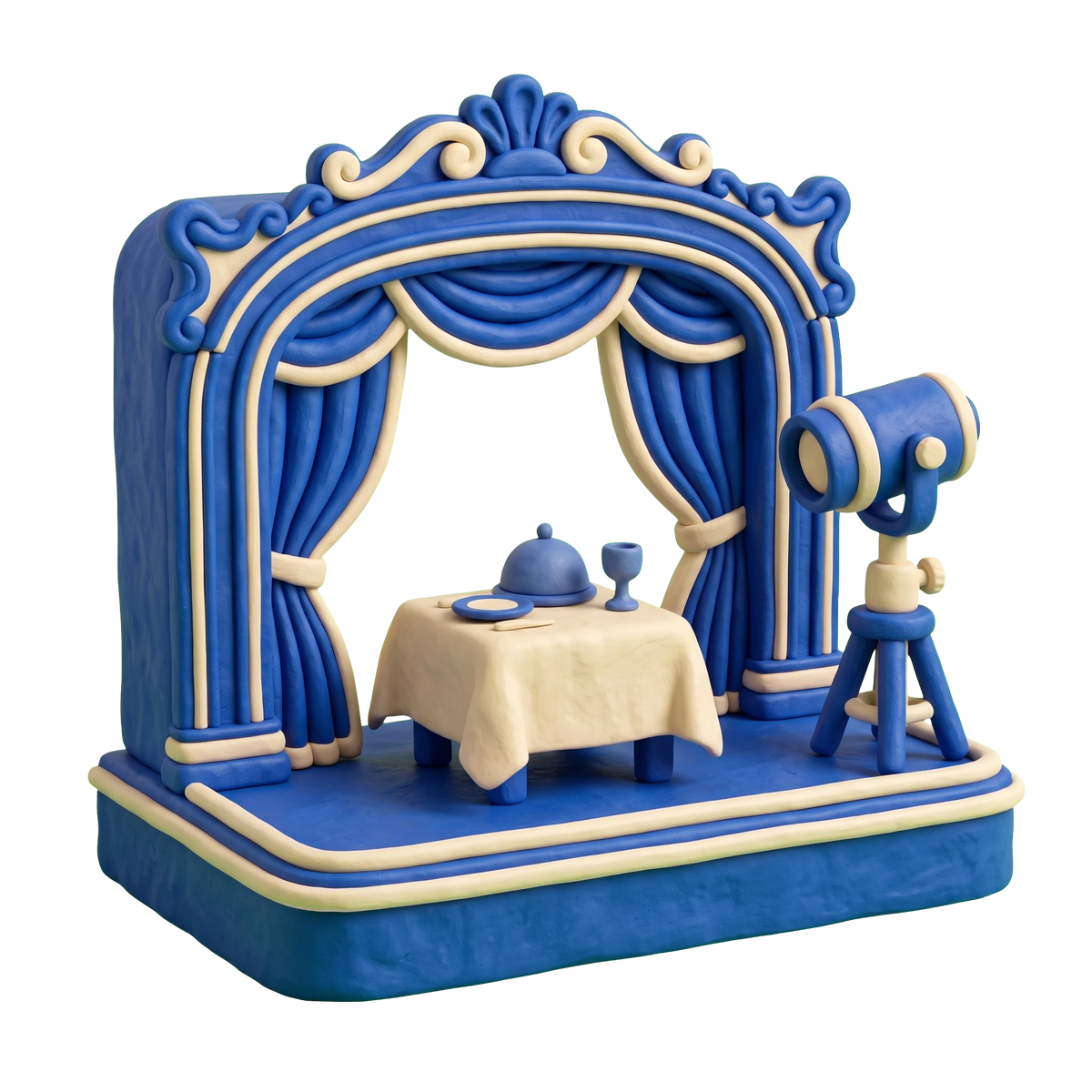 Dinner theater illustration in blue and ivory clay