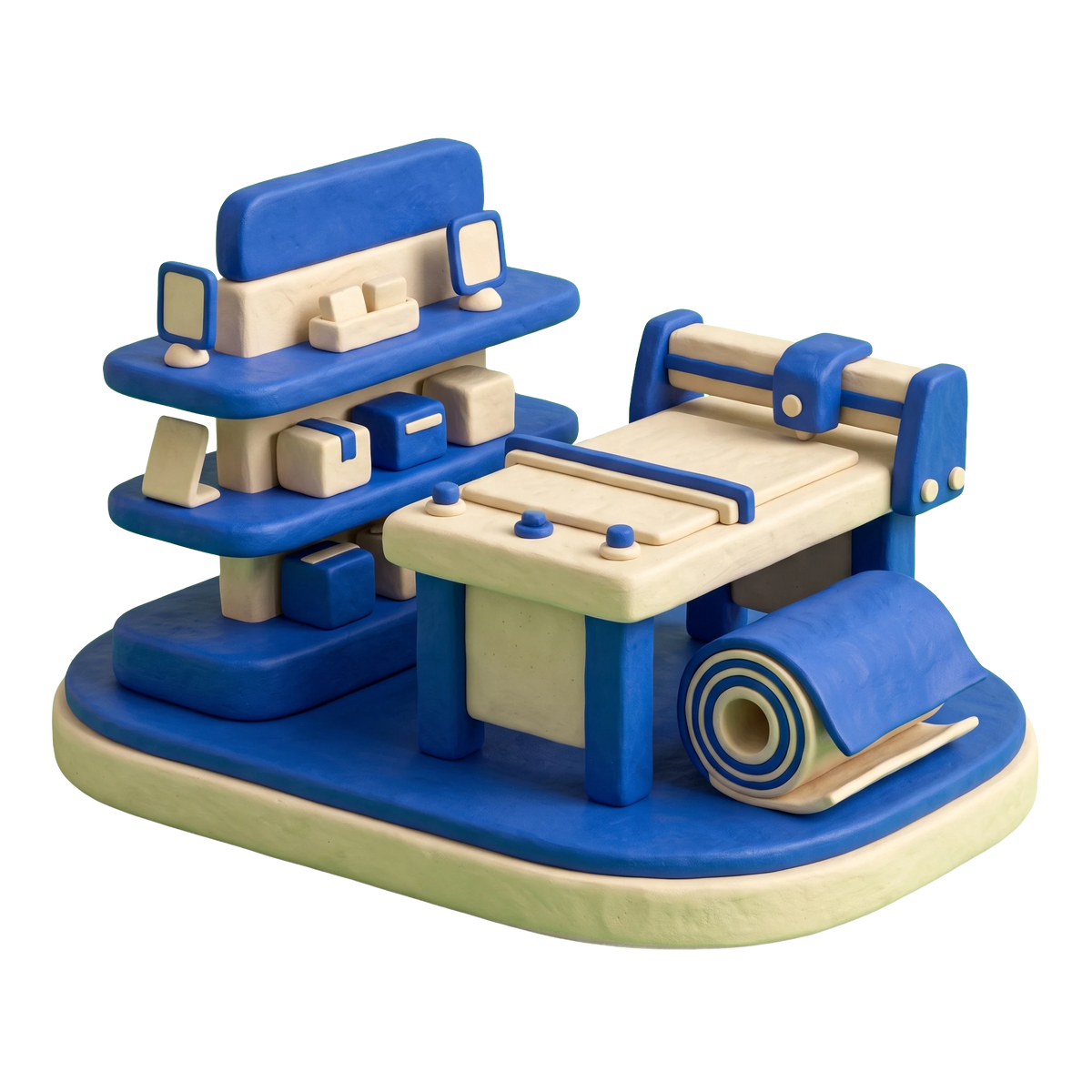Display stand manufacturer illustration in blue and ivory clay