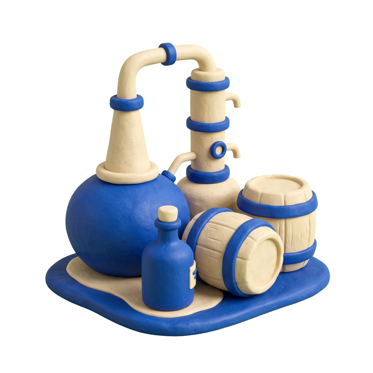 Distillery illustration in blue and ivory clay