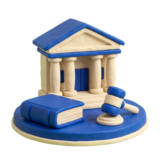 District Justice illustration in blue and ivory clay