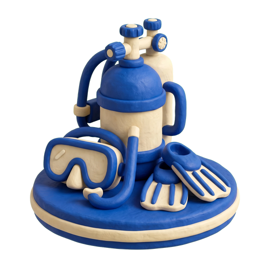 Dive shop illustration in blue and ivory clay