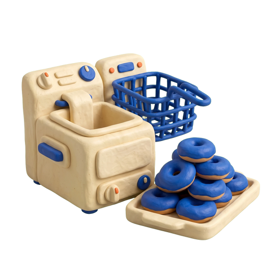 Donut shop illustration in blue and ivory clay