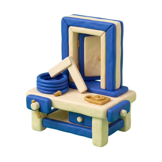 Door shop illustration in blue and ivory clay