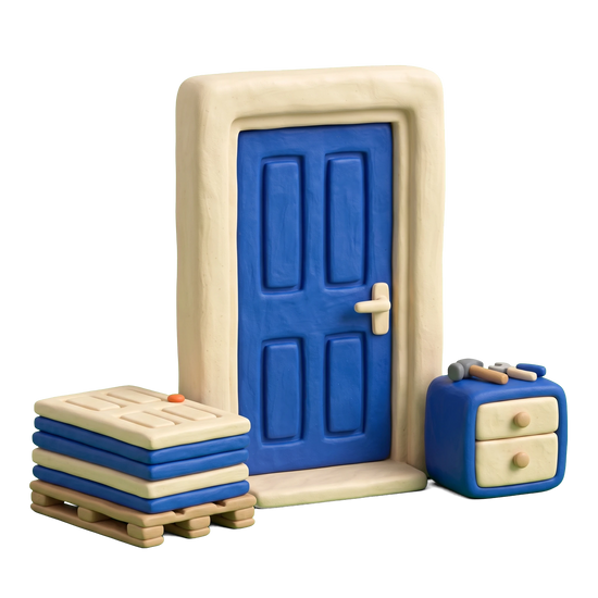 Door supplier illustration in blue and ivory clay