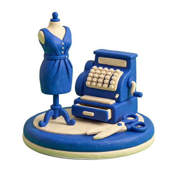 Dress store illustration in blue and ivory clay