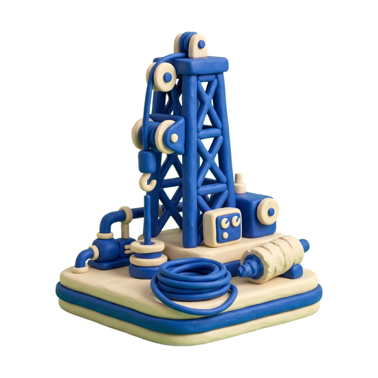 Drilling contractor illustration in blue and ivory clay