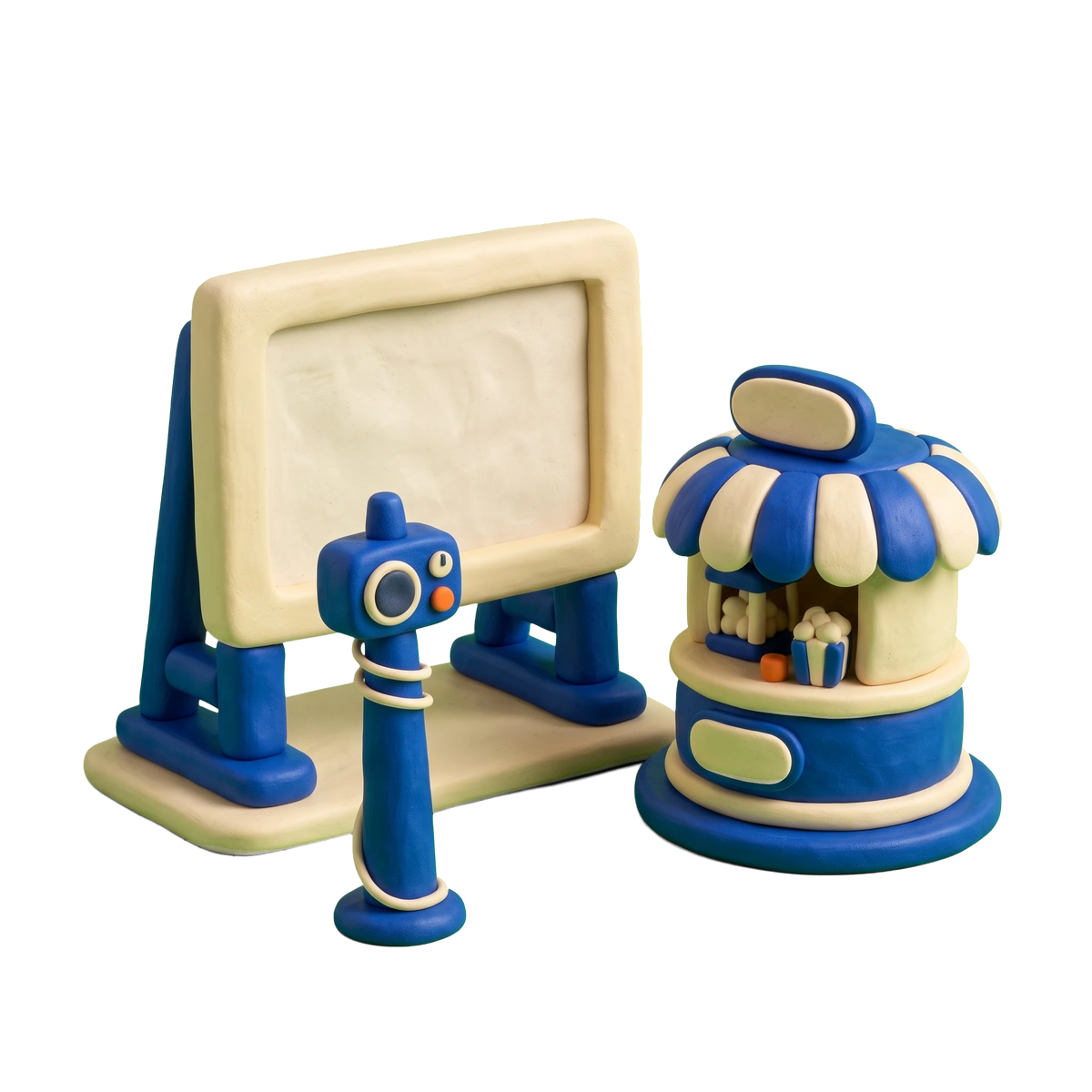 Drive-in movie theater illustration in blue and ivory clay
