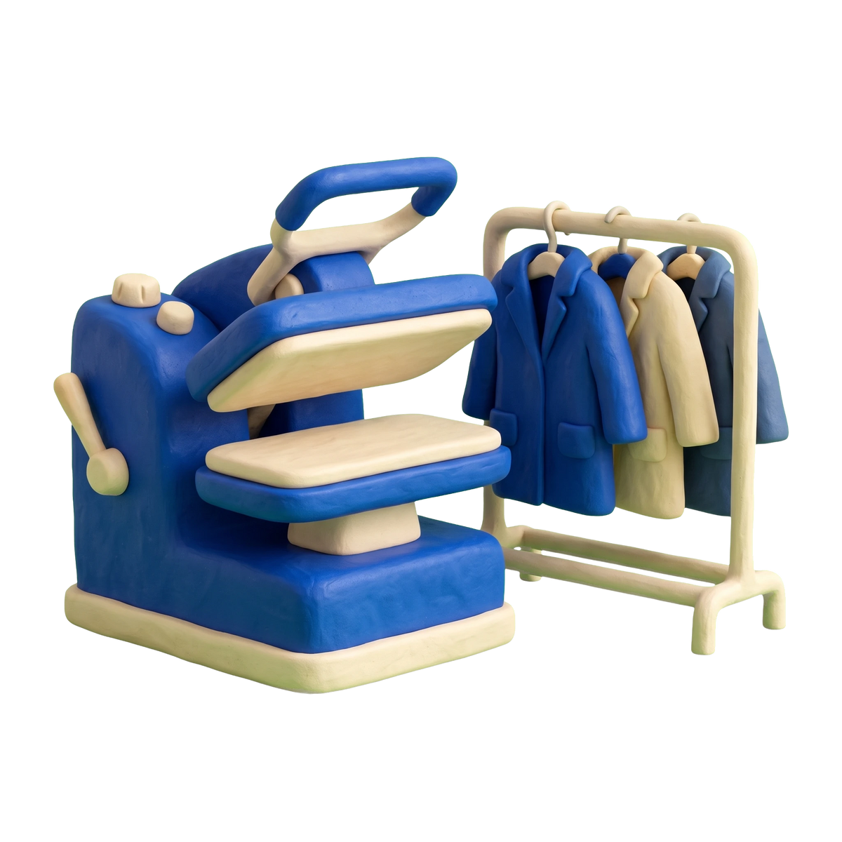 Dry cleaner illustration in blue and ivory clay