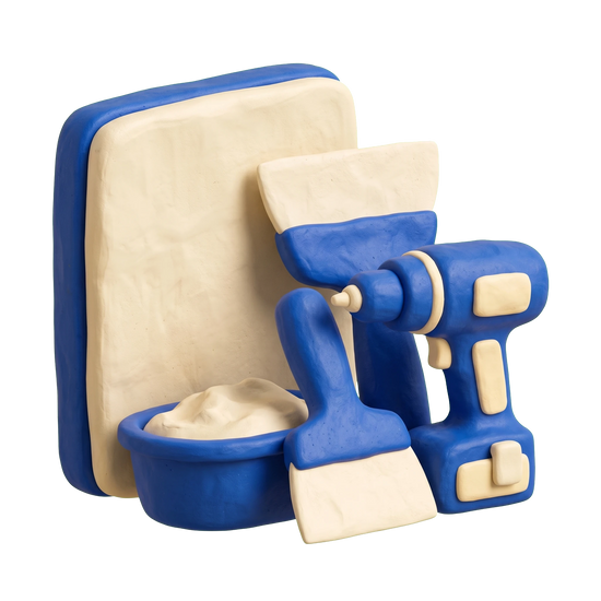 Dry wall contractor illustration in blue and ivory clay
