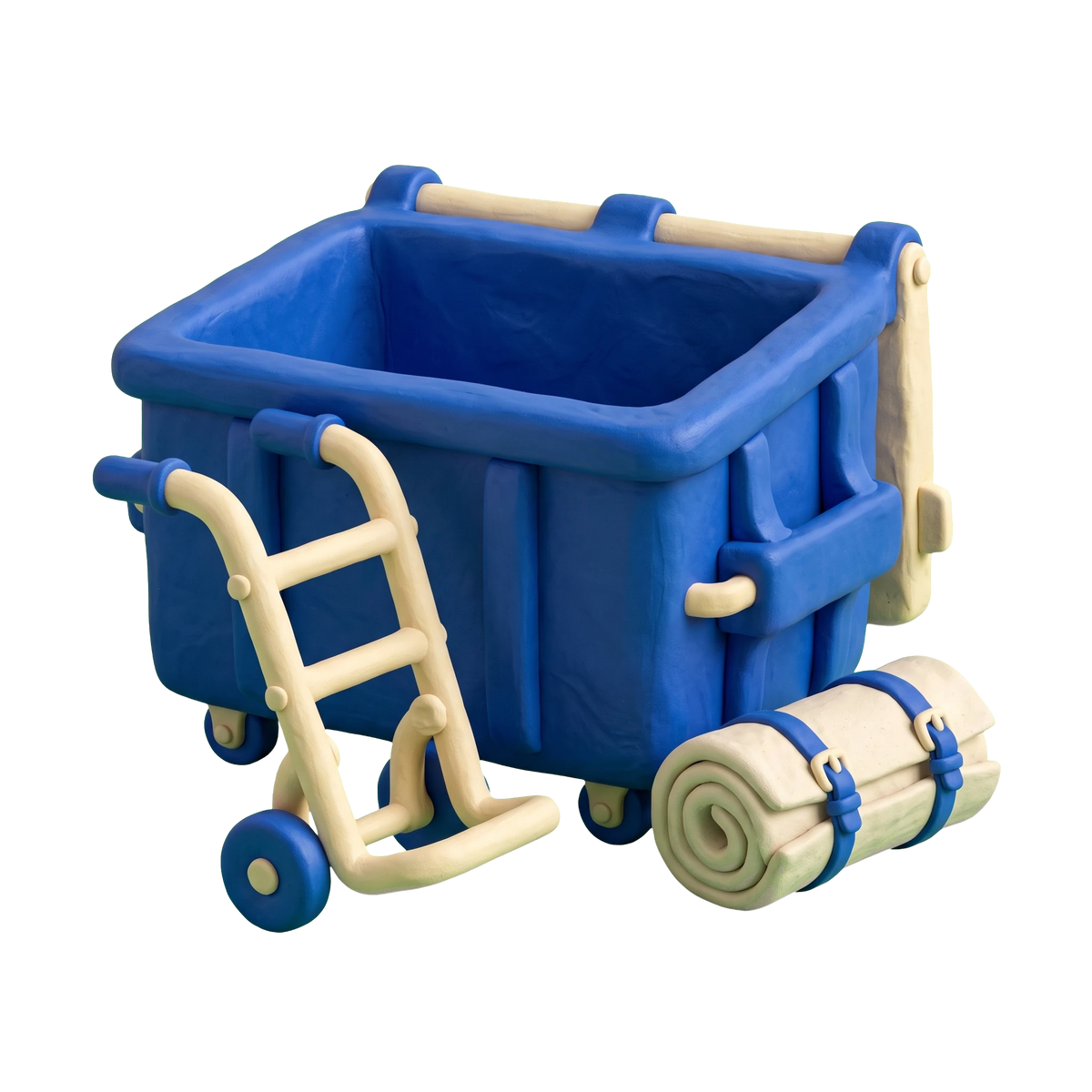 Dumpster rental service illustration in blue and ivory clay