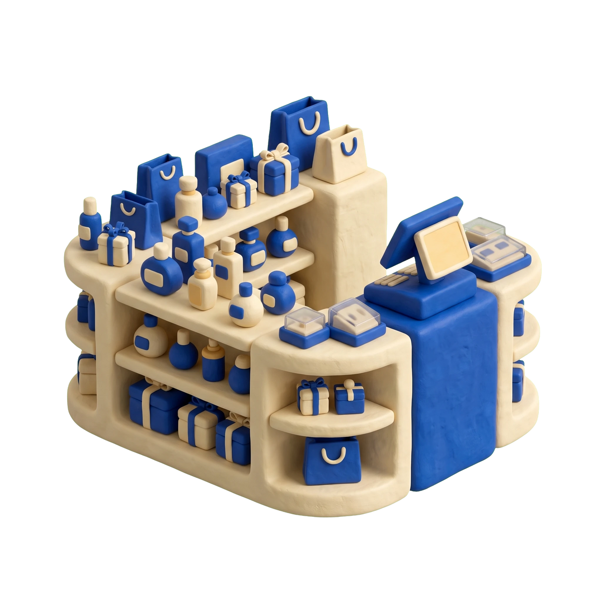 Duty free store illustration in blue and ivory clay