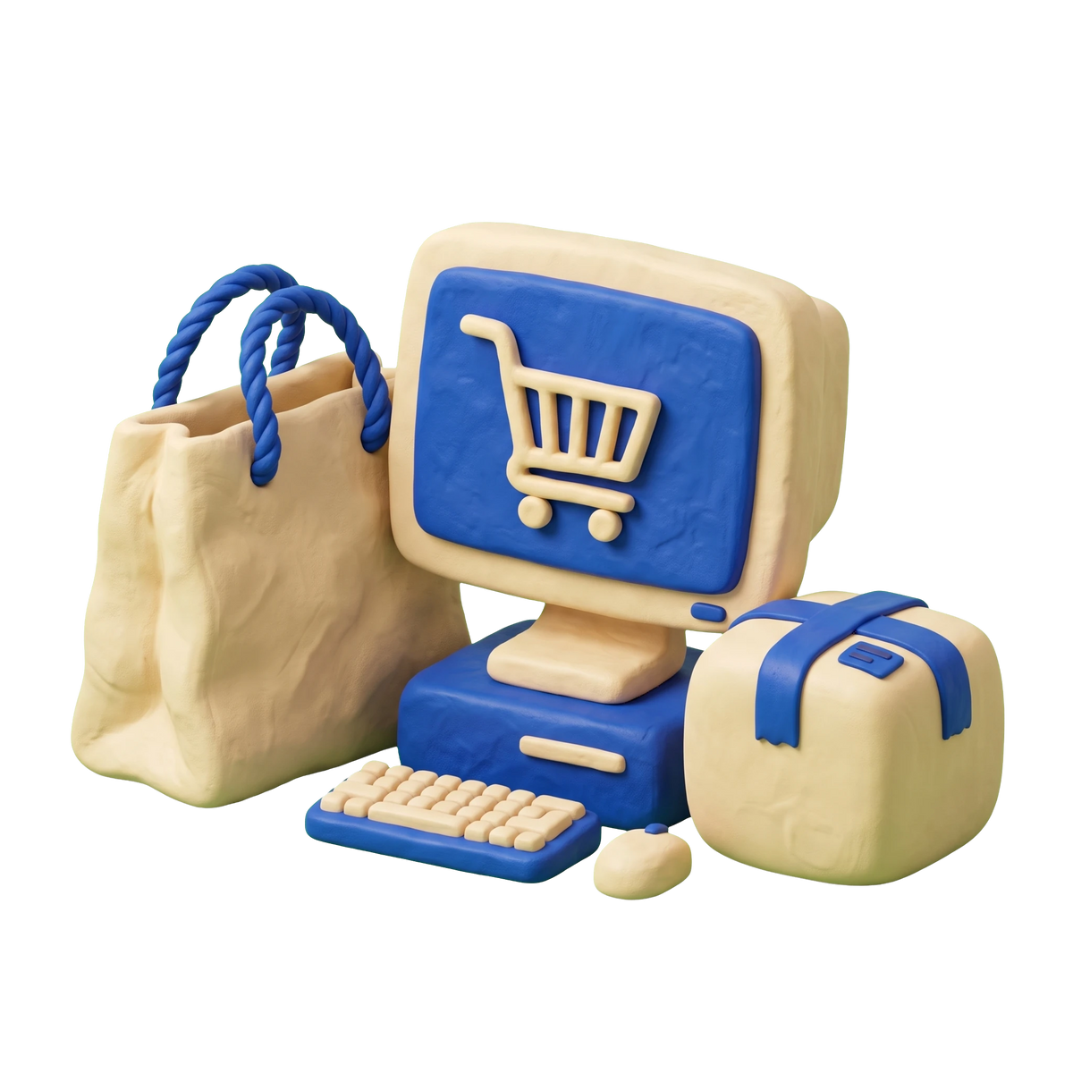 E commerce agency illustration in blue and ivory clay