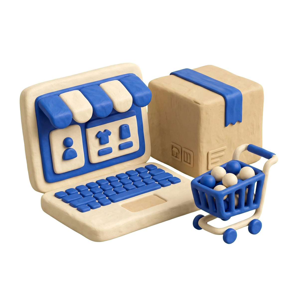 E-commerce service illustration in blue and ivory clay