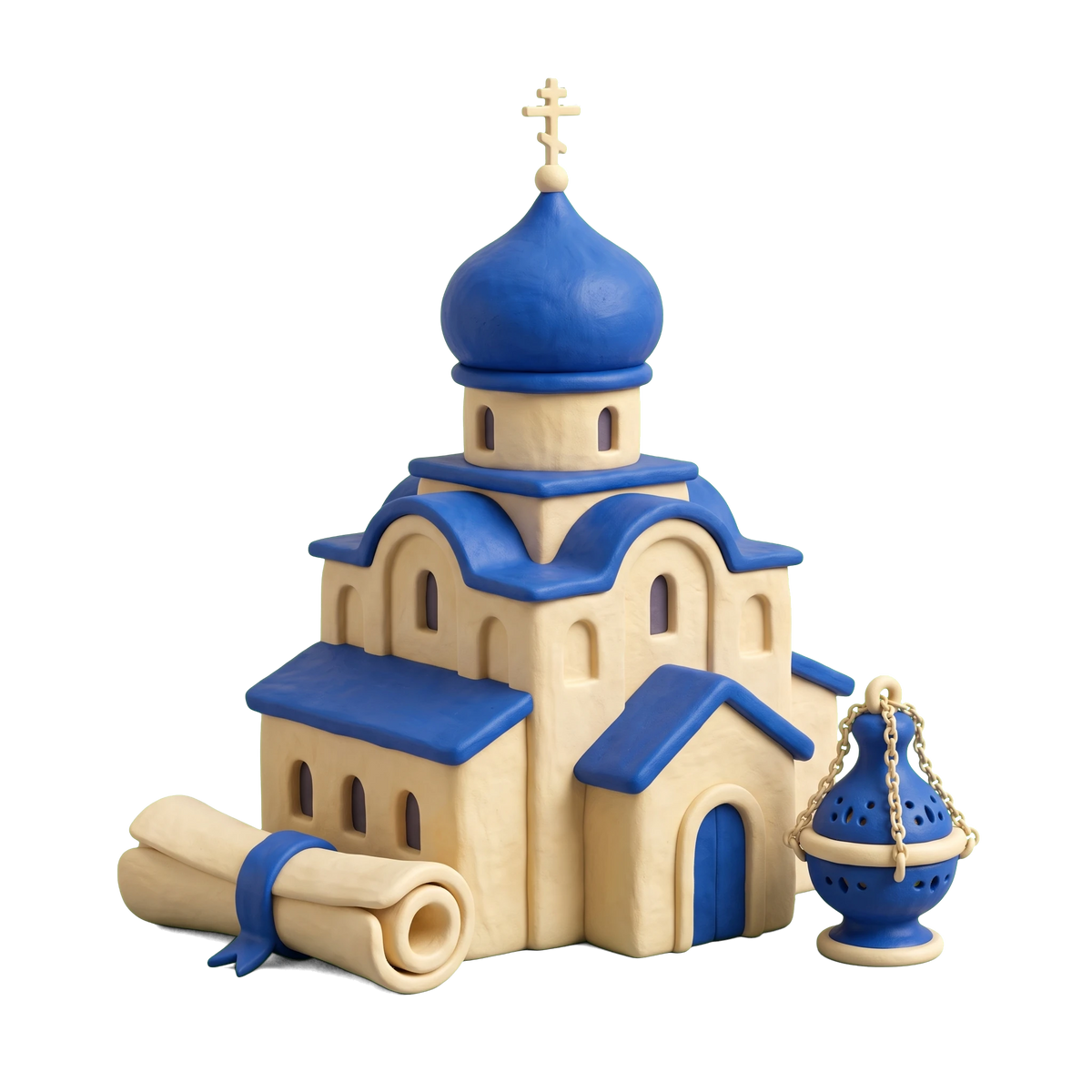 Eastern Orthodox Church illustration in blue and ivory clay