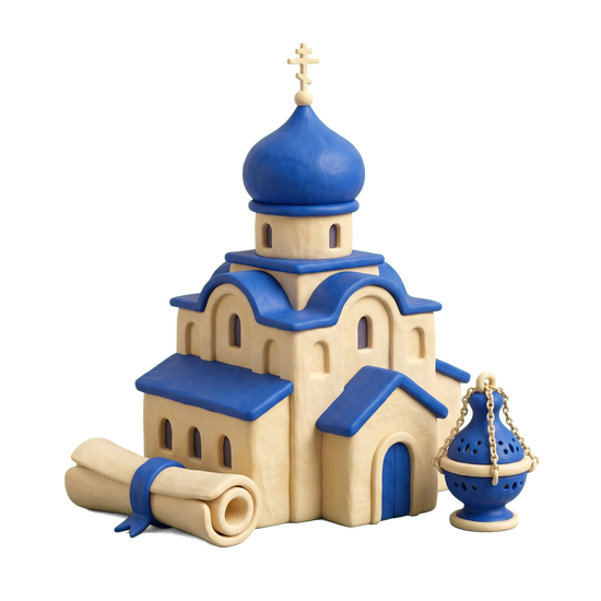 Eastern Orthodox Church illustration in blue and ivory clay