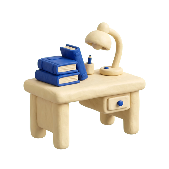 Education center illustration in blue and ivory clay