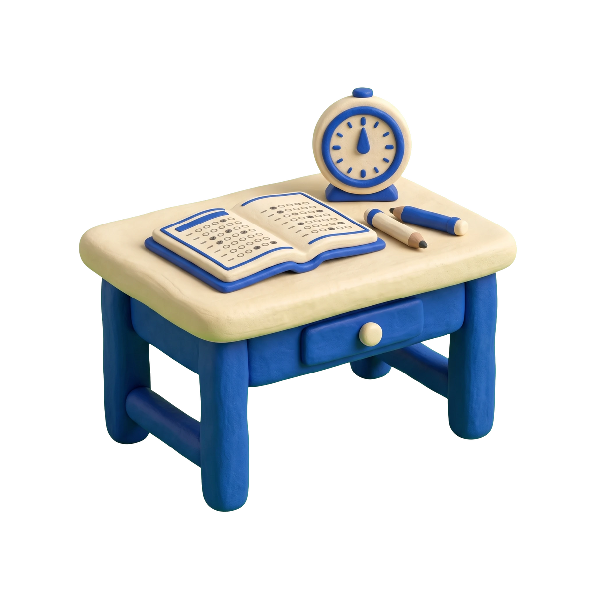 Educational testing service illustration in blue and ivory clay