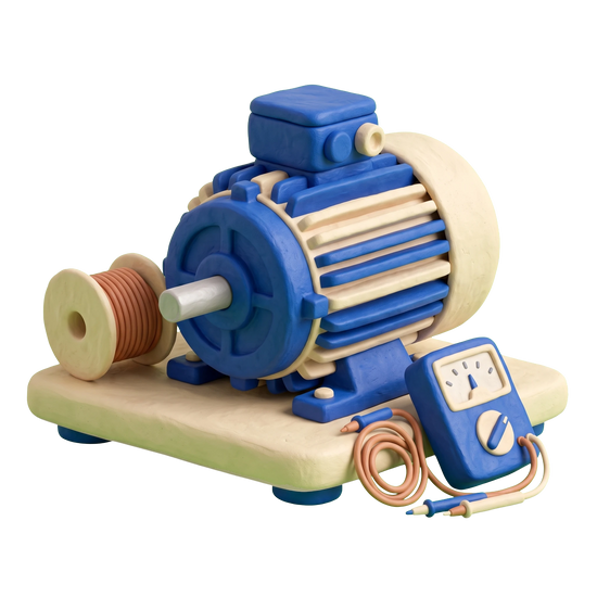 Electric motor repair shop illustration in blue and ivory clay