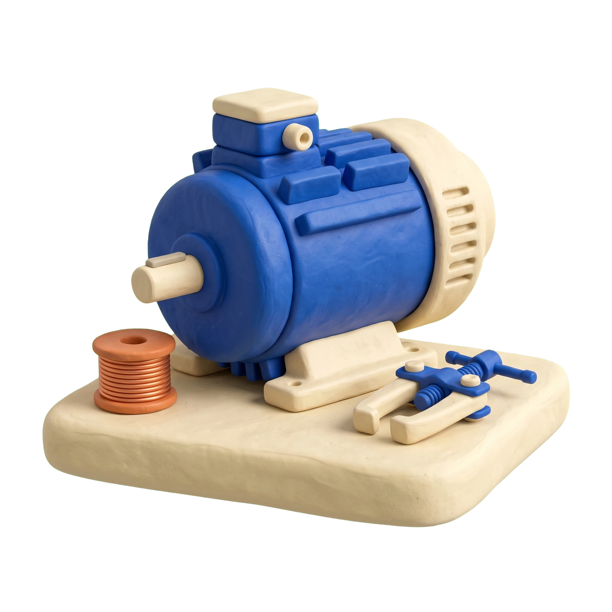 Electric motor store illustration in blue and ivory clay