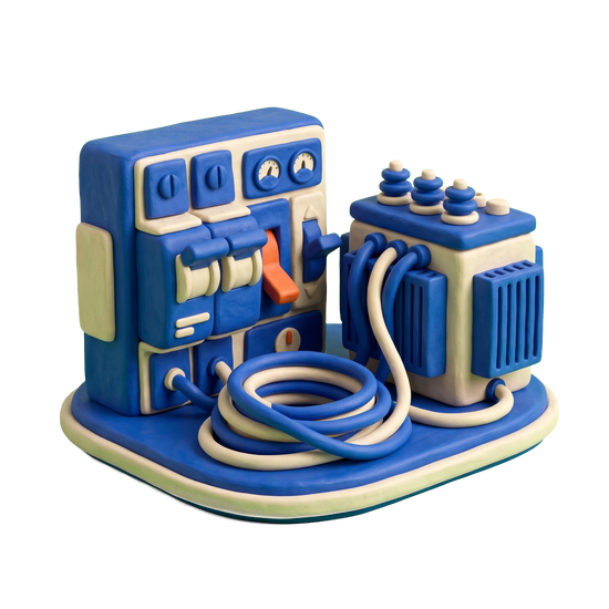 Electrical equipment supplier illustration in blue and ivory clay