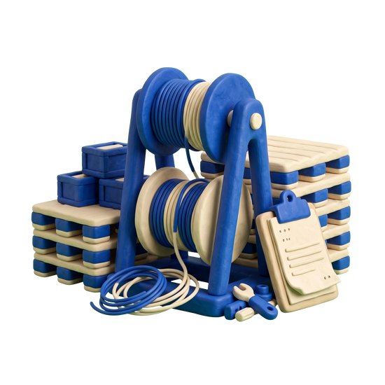 Electrical products wholesaler illustration in blue and ivory clay