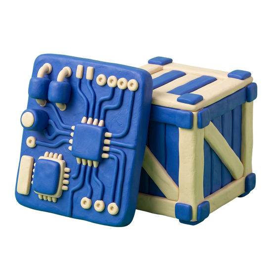 Electronic parts supplier illustration in blue and ivory clay