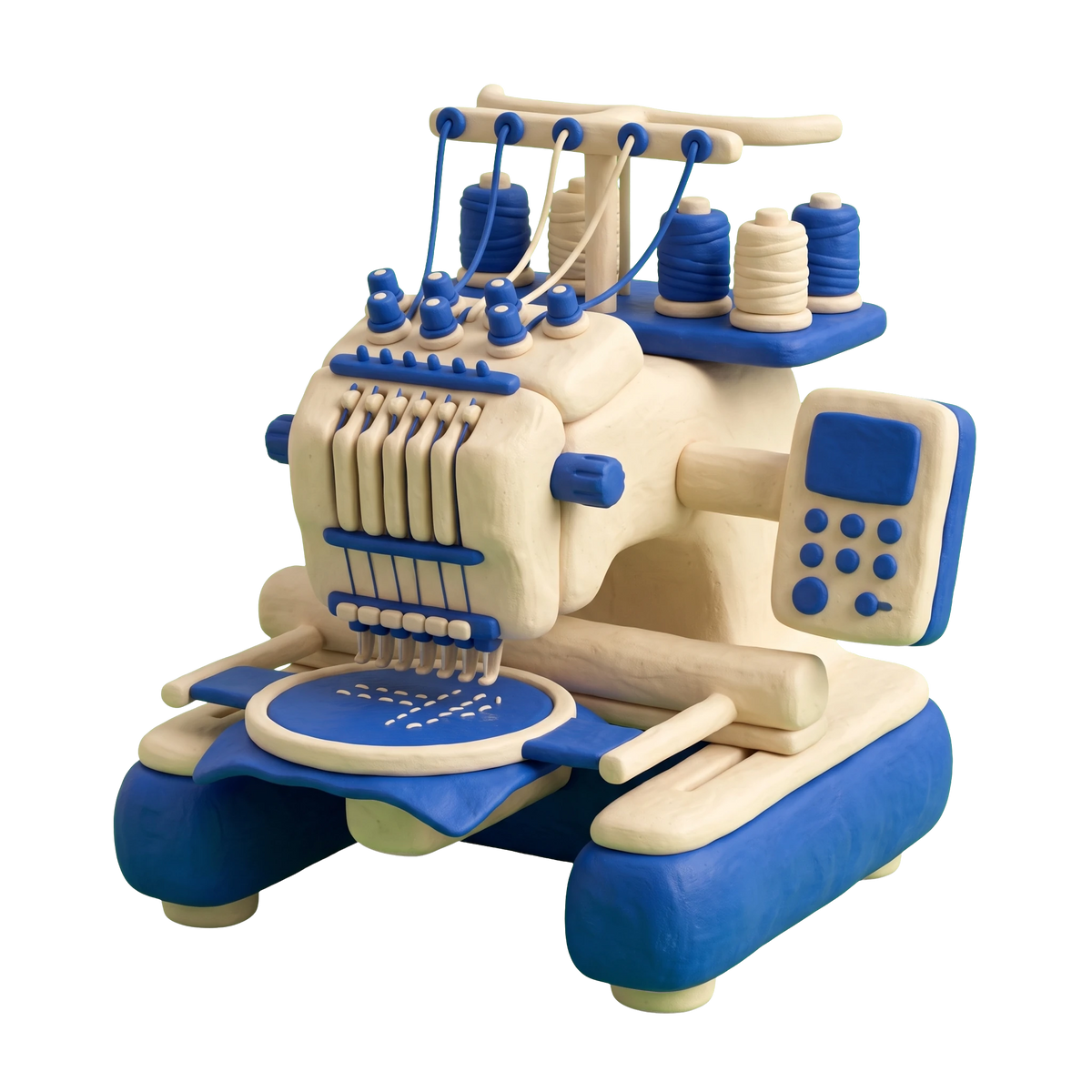 Embroidery shop illustration in blue and ivory clay
