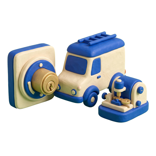 Emergency locksmith service illustration in blue and ivory clay