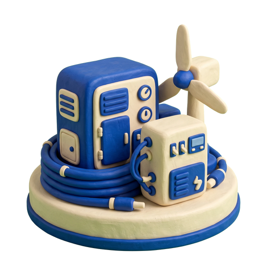 Energy equipment and solutions illustration in blue and ivory clay