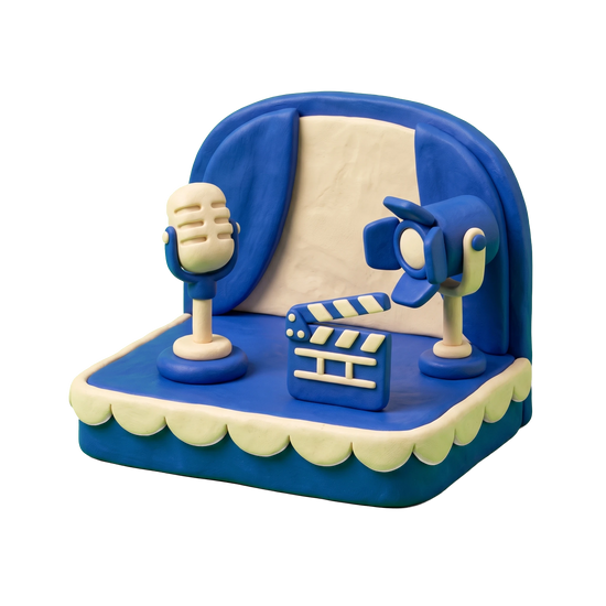 Entertainment agency illustration in blue and ivory clay