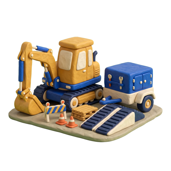 Equipment rental agency illustration in blue and ivory clay