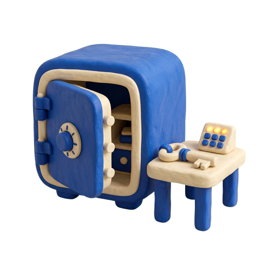 Escape room center illustration in blue and ivory clay