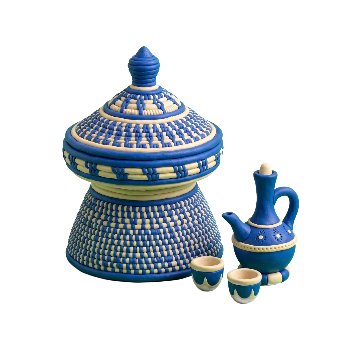 Ethiopian restaurant illustration in blue and ivory clay