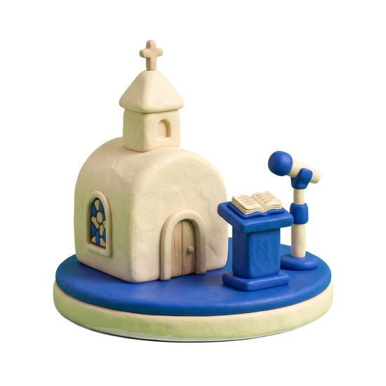 Evangelical church illustration in blue and ivory clay
