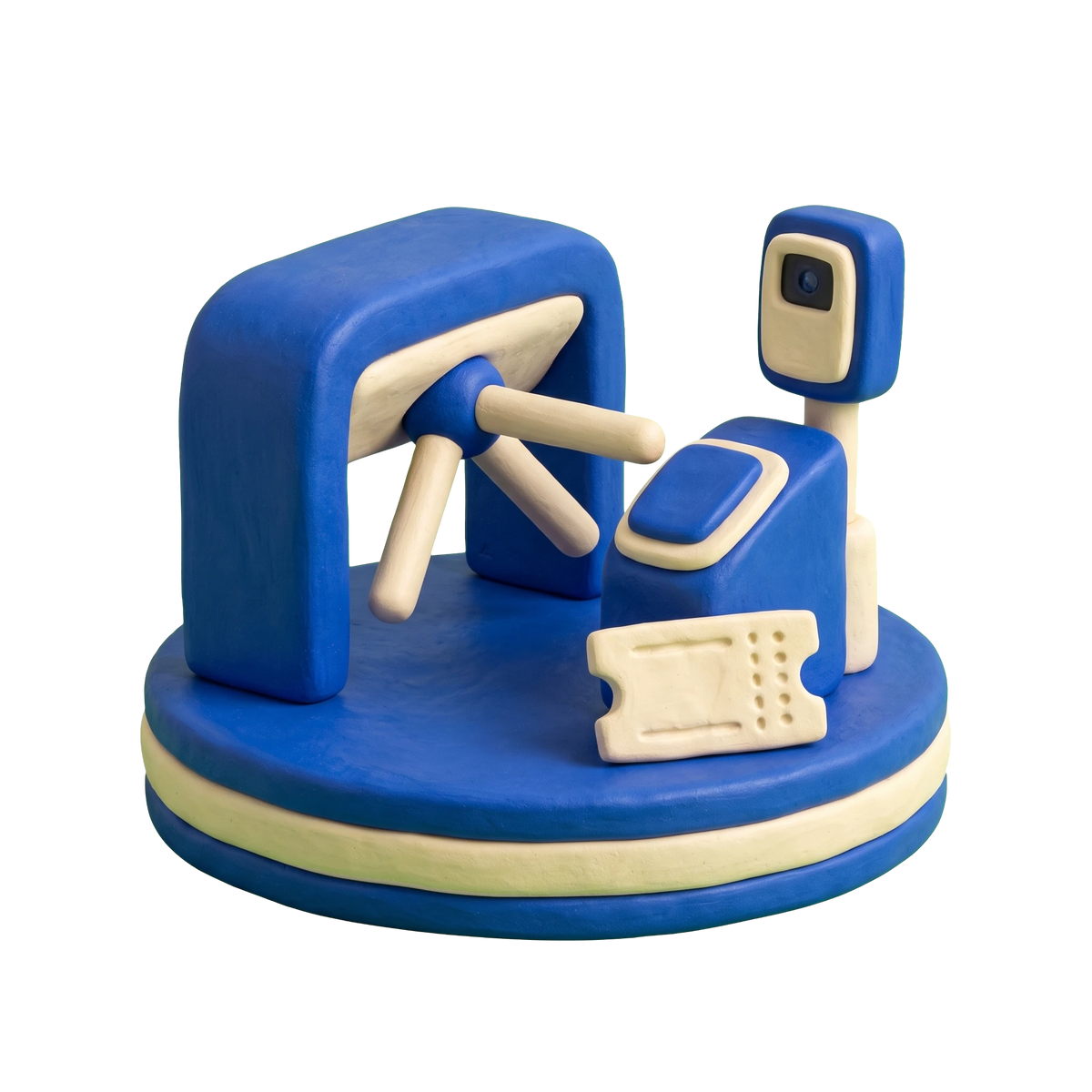 Event ticket seller illustration in blue and ivory clay