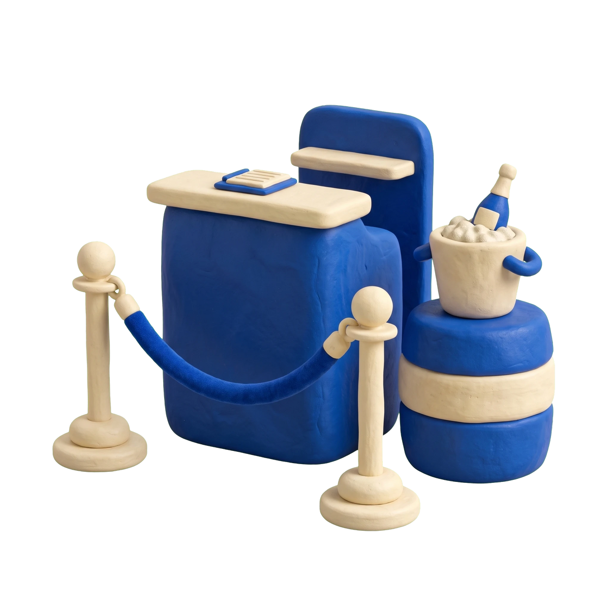Event venue illustration in blue and ivory clay