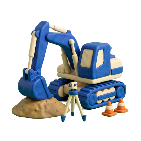 Excavating contractor illustration in blue and ivory clay