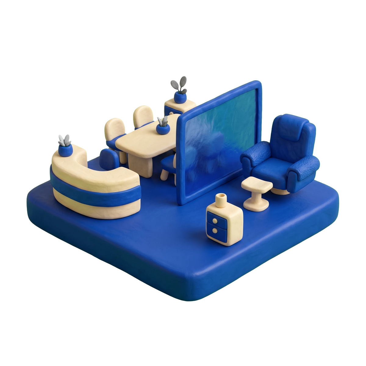 Executive suite rental agency illustration in blue and ivory clay