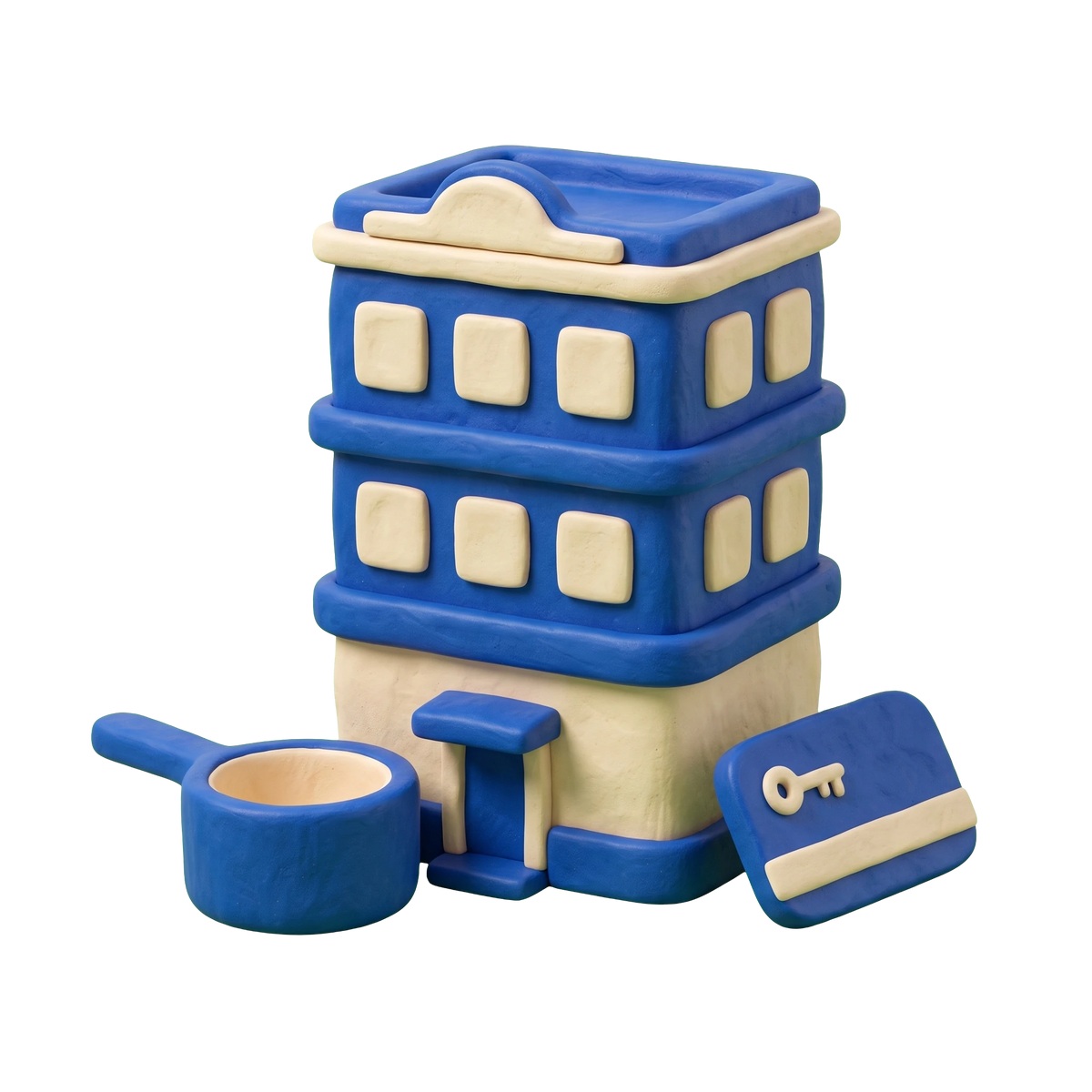 Extended stay hotel illustration in blue and ivory clay