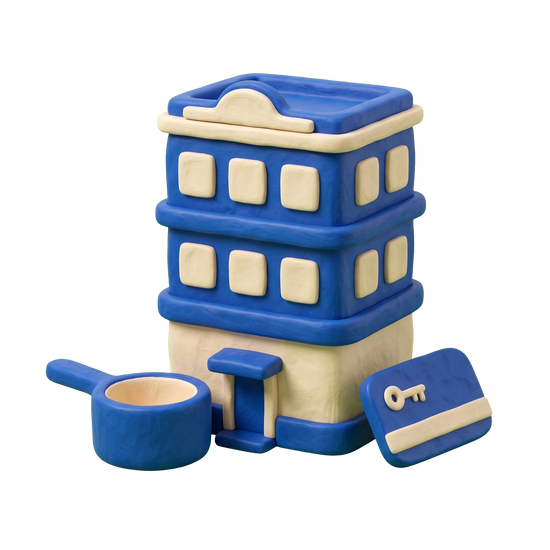 Extended stay hotel illustration in blue and ivory clay
