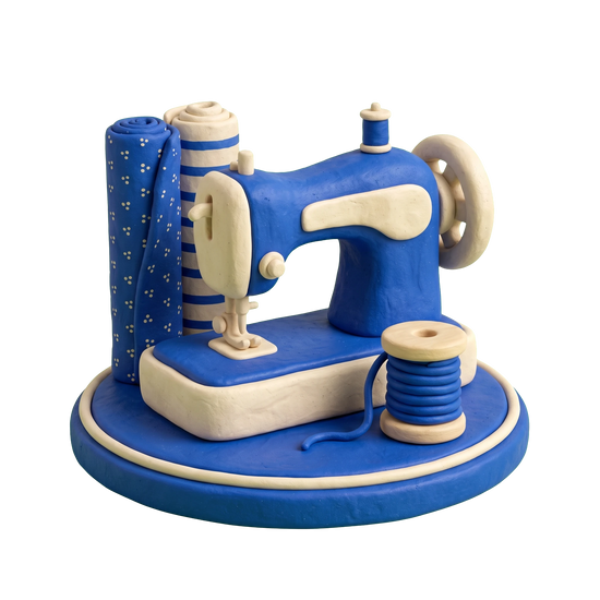 Fabric store illustration in blue and ivory clay