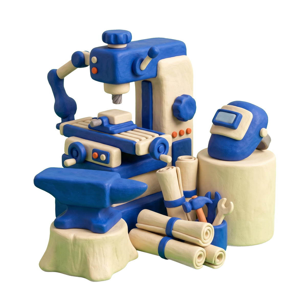 Fabrication engineer illustration in blue and ivory clay