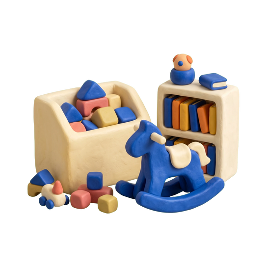 Family day care service illustration in blue and ivory clay