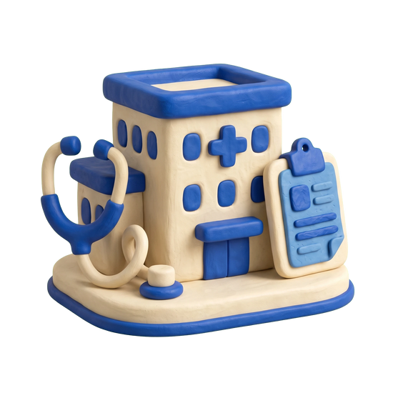 Family planning center illustration in blue and ivory clay