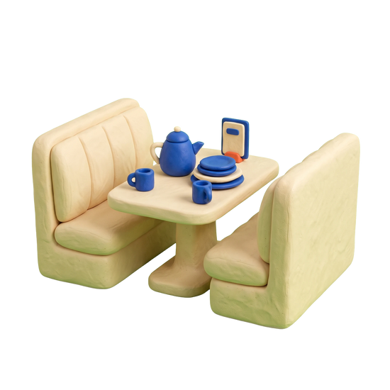 Family restaurant illustration in blue and ivory clay
