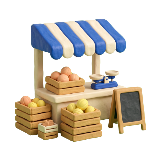 Farmers' market illustration in blue and ivory clay