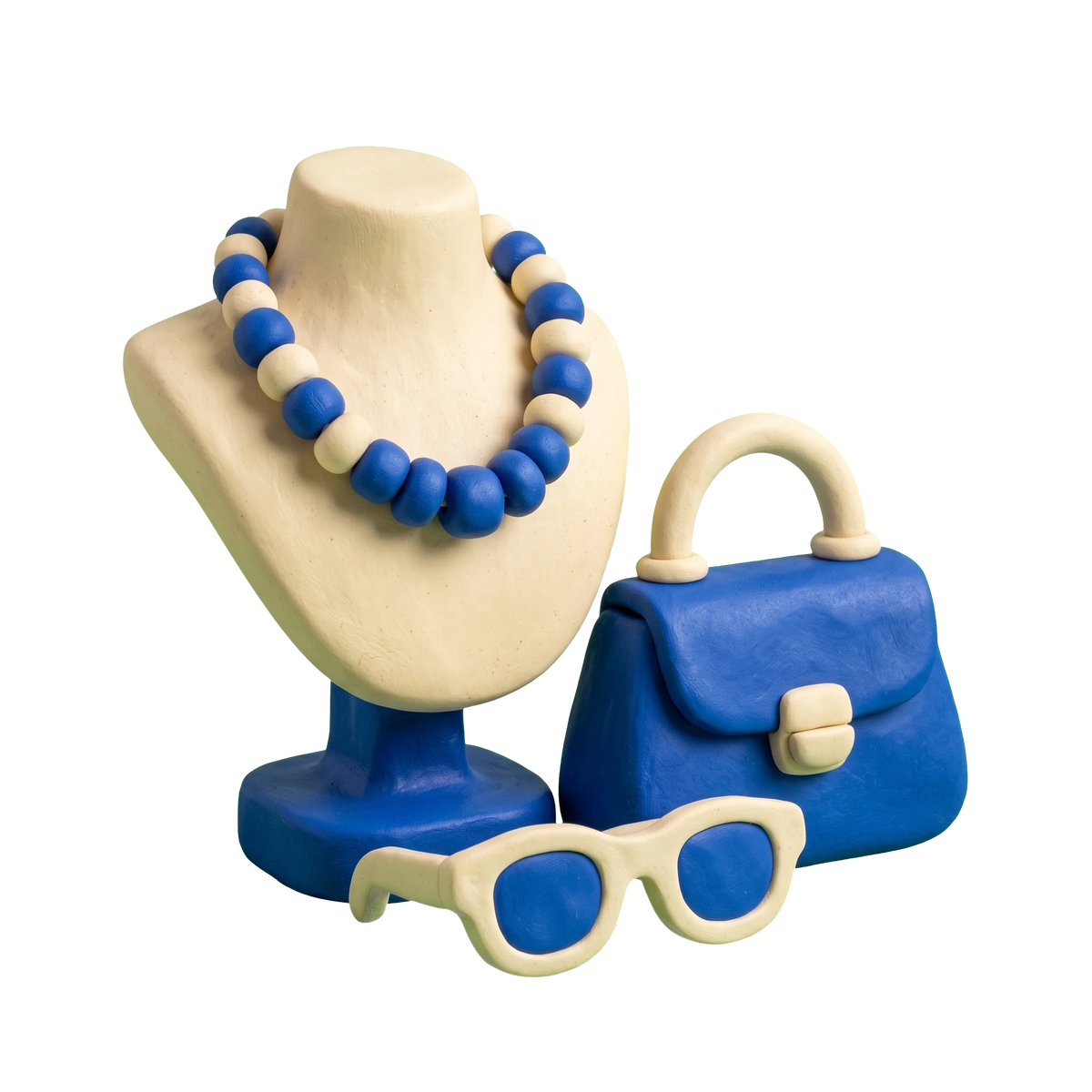 Fashion accessories store illustration in blue and ivory clay