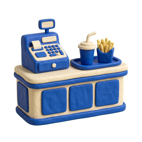 Fast food restaurant illustration in blue and ivory clay